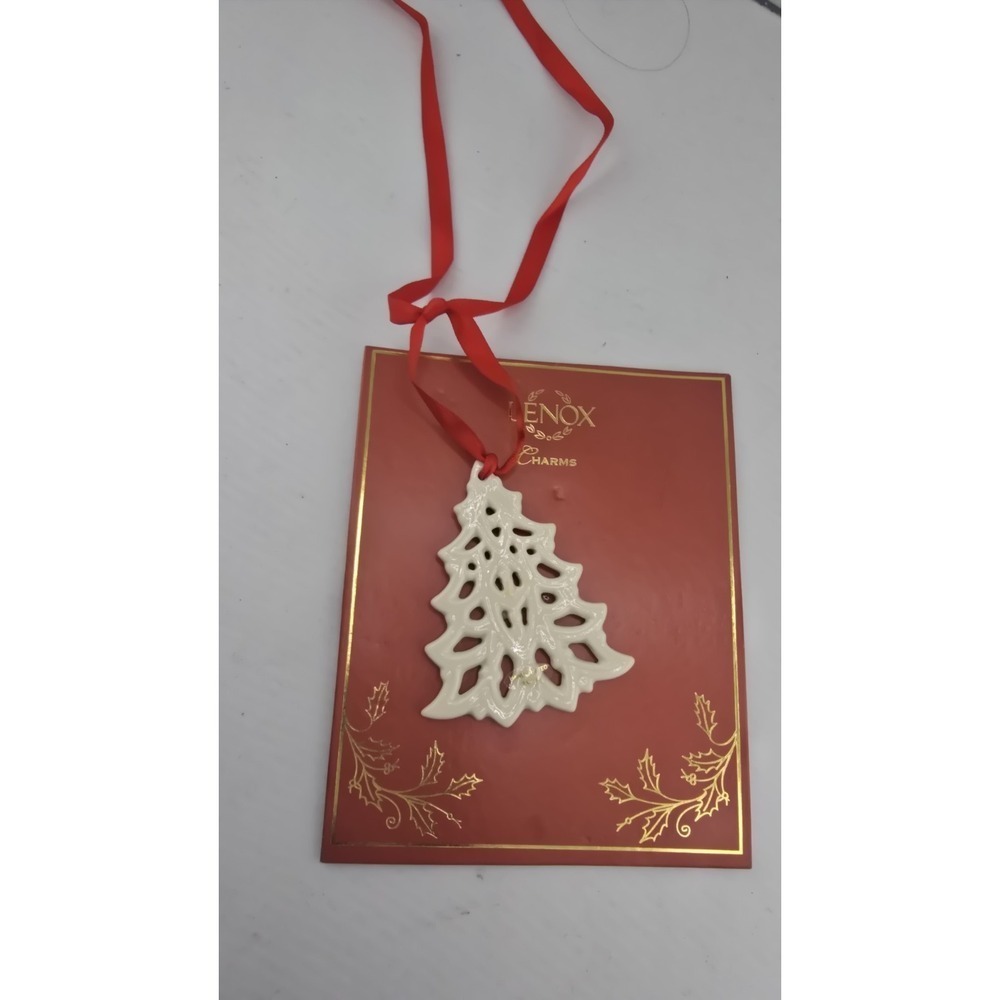Vintage Lenox Charms Porcelain Christmas Tree Ornament‎ White Red Ribbon SZ 2.5"